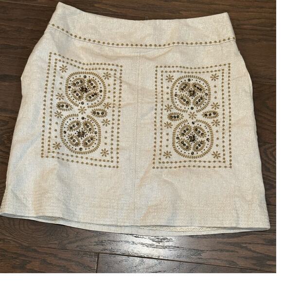 Anthropologie Floreat Linen Metallic Shimmer Beaded Embroidered Skirt Size 2 - Picture 1 of 9